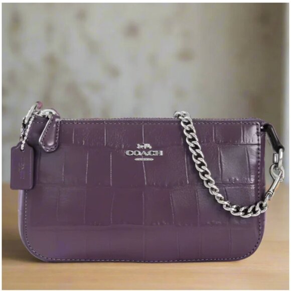 Coach Nolita 19 Croc Embossed Shoulder Bag CN382 Leather Clutch Chain Amethyst - Picture 1 of 9